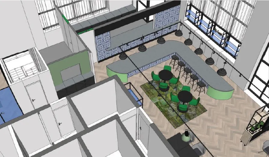 3D-interieurontwerp van een moderne kantoorruimte in Rivium Quadrant met een bar, zitgedeelte en grote ramen.